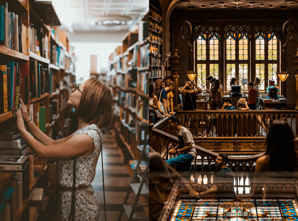 A split image with a girl looking at bookshelf and young adults in a school.